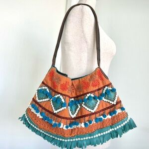 Jamin Puech Boho Shoulder Bag in Orange and Blue Beaded & Embroidered